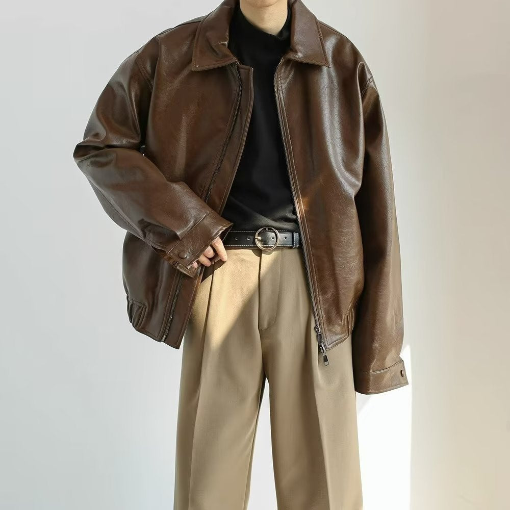 saferido      -shop 90s fashion men Retro Youth Short Leather Jacket Men's Loose Pu Shuai Motorcycle Clothing Light Luxury Pilot Leather Jacket Trendy