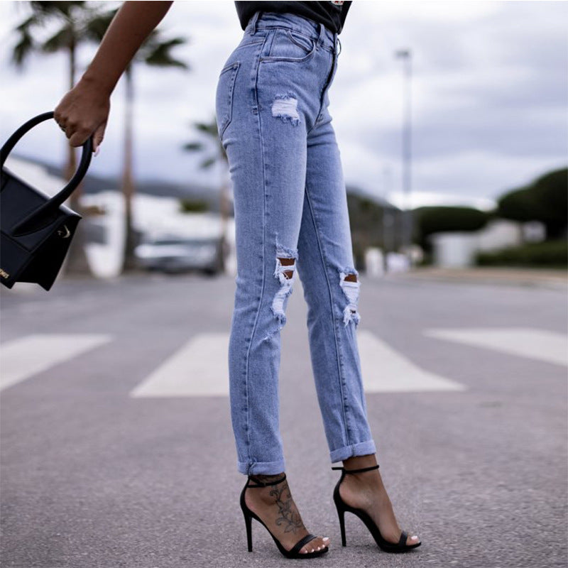 2025 spring factory spot elastic ripped women's clothing straight tight hip lift fashion jeans