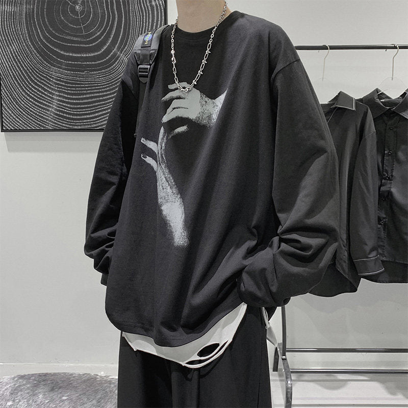 saferido -shop grunge outfits Autumn T-shirt Men's Long-Sleeved Korean Style Hong Kong Style Trendy Handsome Casual All-Match Loose Inner Hip Hop Bottoming Shirt Autumn Clothes
