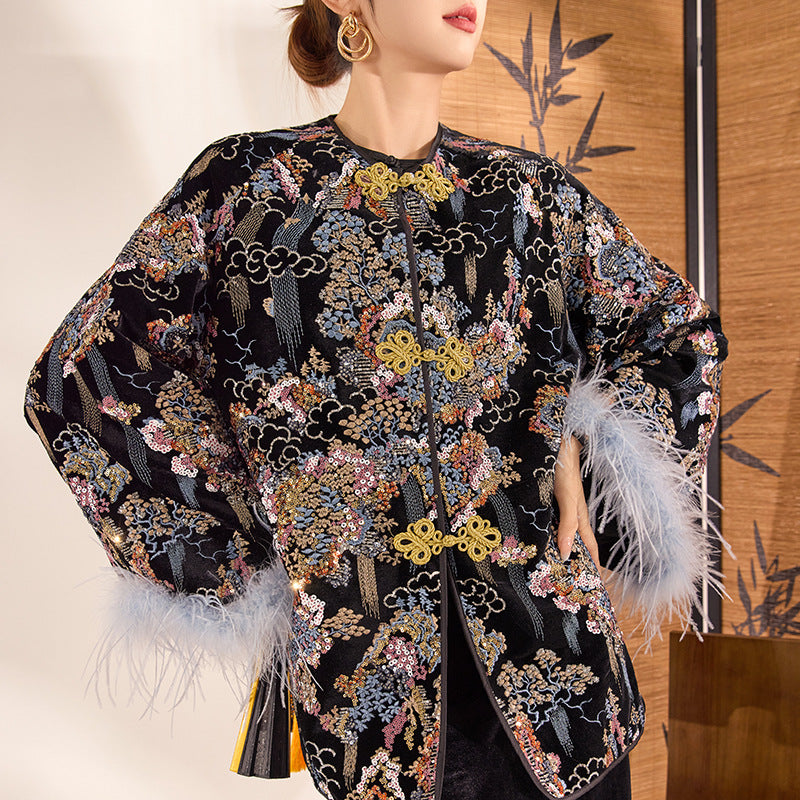 New Chinese style spring new temperament buckle top heavy industry sequined embroidered ostrich wool sleeve jacket MZ081