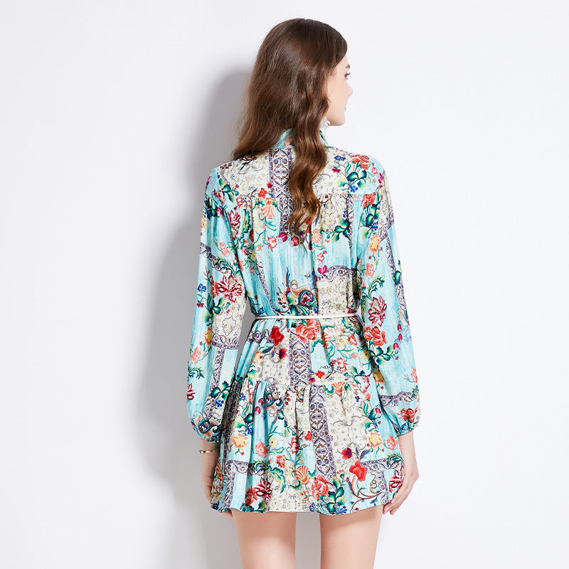 Court style dress Spring dress Women's retro lantern sleeves Lace-up waist thin short ruffle skirt dress