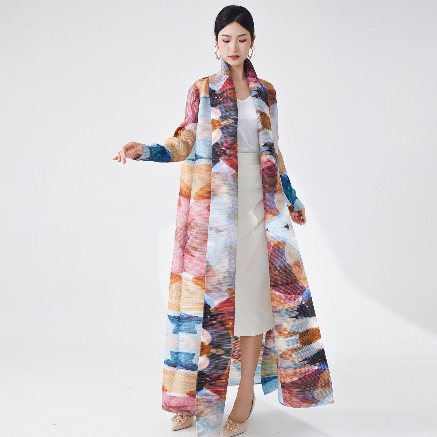 2025 Muslim robe women's long skirt Popular trade robe high-end printing loose lace-up lapel cardigan jacket autumn