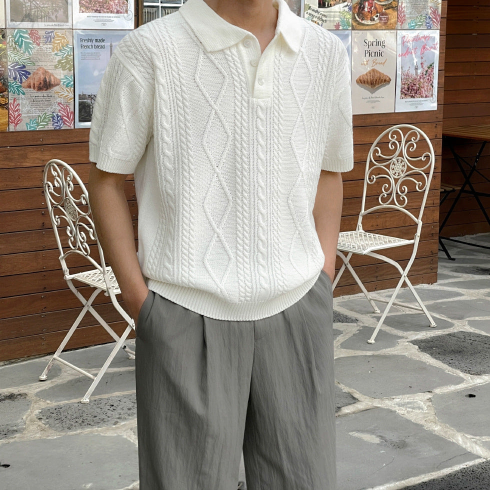 saferido -shop men’s fashion Texture Knitted Polo Shirt Short T Men's Summer Loose Lapel T-shirt Korean Style Trendy Short Sleeve Sweater