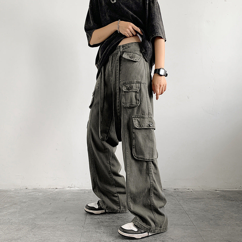 saferido fall outfit men American Hip Hop Straight Overalls Summer Boys High Street Multi-Pocket Wide Leg Mopping Pants Fashion Ins