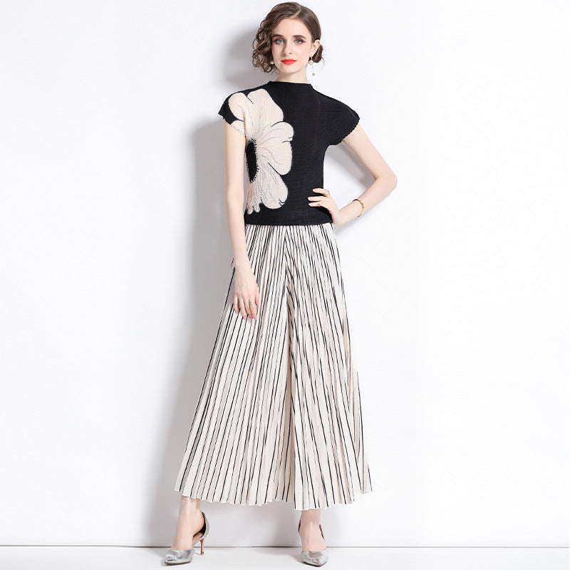 T-shirt new pleated casual print niche gradual change loose versatile wide leg pants