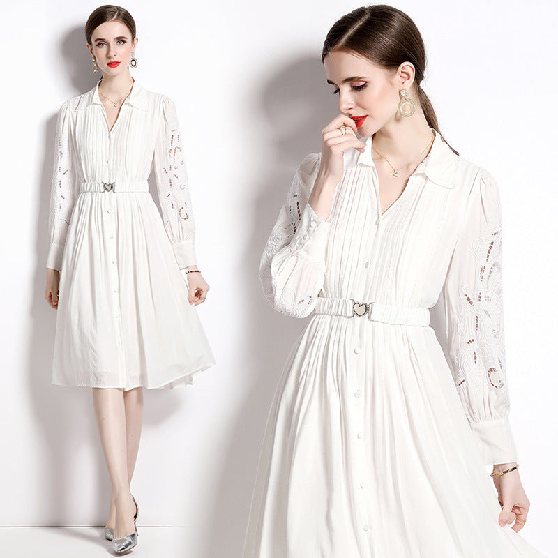 White shirt dress women's long-sleeved design sense niche hollow embroidery waist holiday style shirt skirt