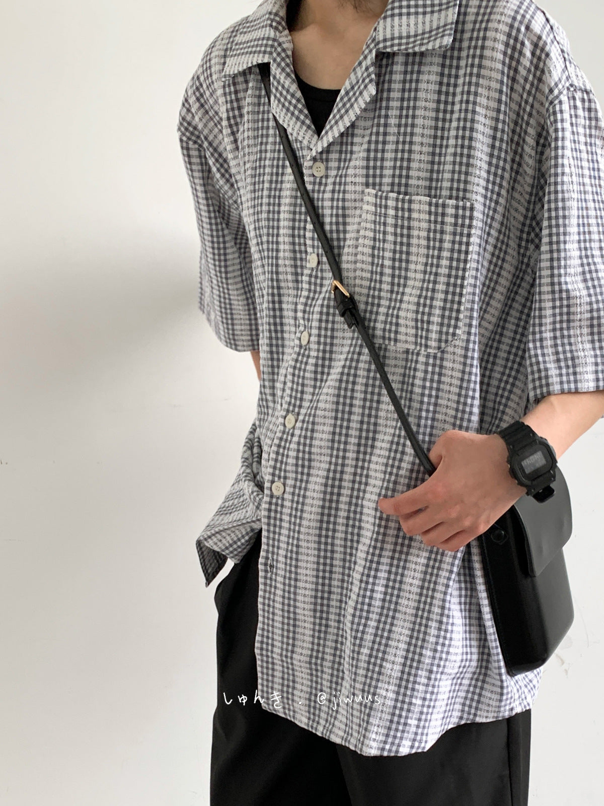 Japanese Cuban collar small plaid shirt for boys spring and summer new style college style short-sleeved small fresh shirt trend