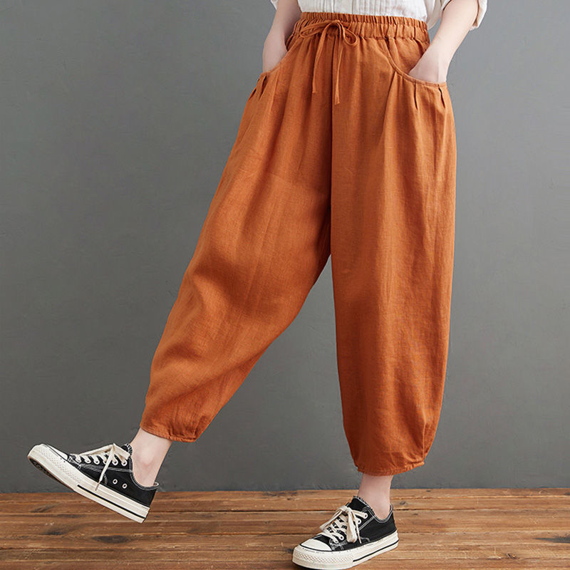 summer new literary and retro casual versatile nine-point pants loose large size thin temperament solid color Harlan pants
