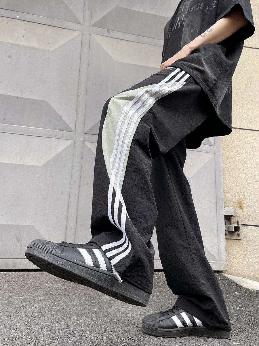 Summer dopamine quick-drying casual pants men's trendy three-bar contrast color loose straight American sports paratrooper pants