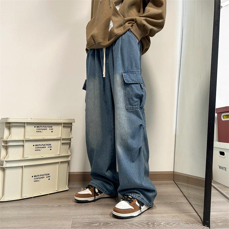 saferido -shop guys fits Intfeday Japanese Harajuku Style Vintage Distressed Jeans Men's Loose Straight Overalls