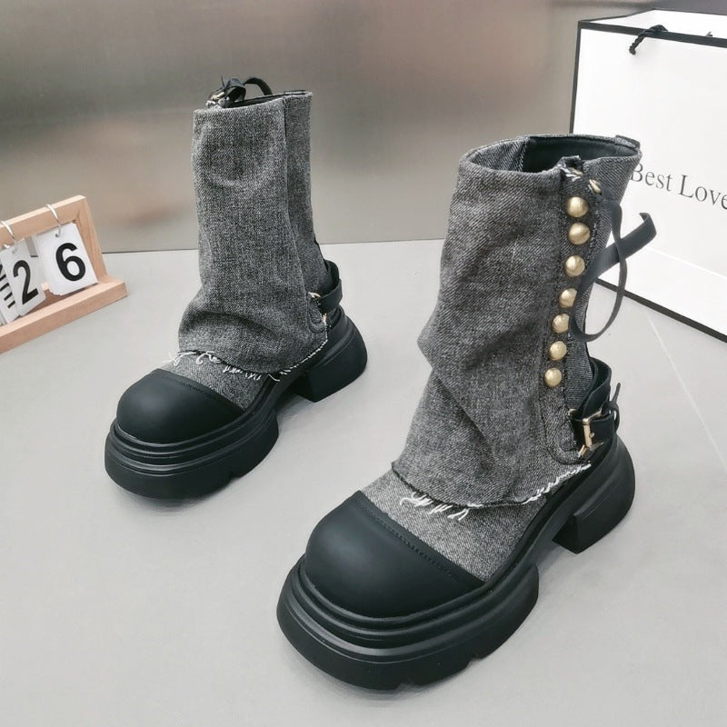 2025 Western denim cloth pants tube boots knight martin boots women's autumn and winter popular short boots children thick heel