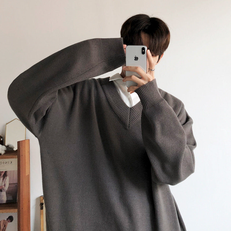 saferido fall outfit men Loose V-neck Sweater Men's Autumn and Winter Sweater Korean Style Thickened Lazy Style Bottoming Shirt Sweater Sweater with Chicken Collar
