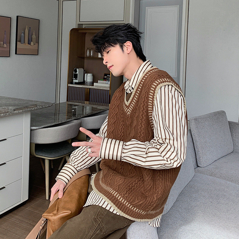 saferido -shop mens fashion Shanlitadi Autumn and Winter College Style Twist Sweater Men's Casual V-neck Vest Sweater Korean Style Loose Waistcoat Top