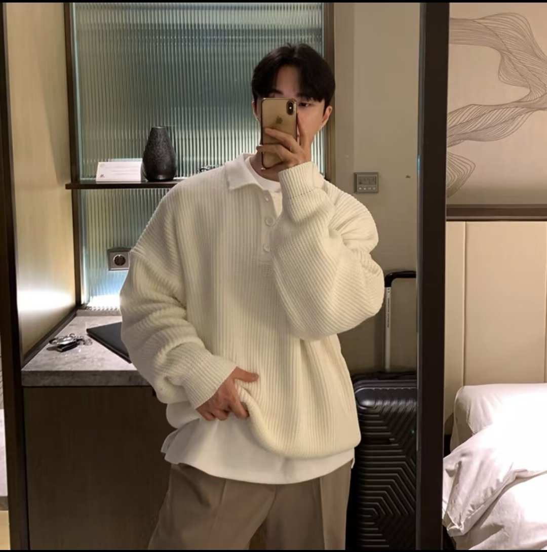saferido -shop fall mens outfits Autumn and Winter New Pure Color Simple Style Sweater Loose Casual Button Lapel Sweater Control Year Trendy Men Autumn and Winter