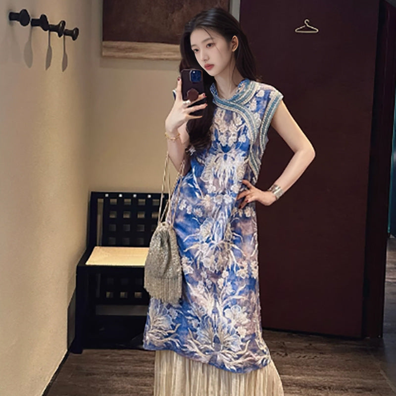 New Chinese high-end heavy industry embroidery improved cheongsam dress summer new national style splicing dress women N4073