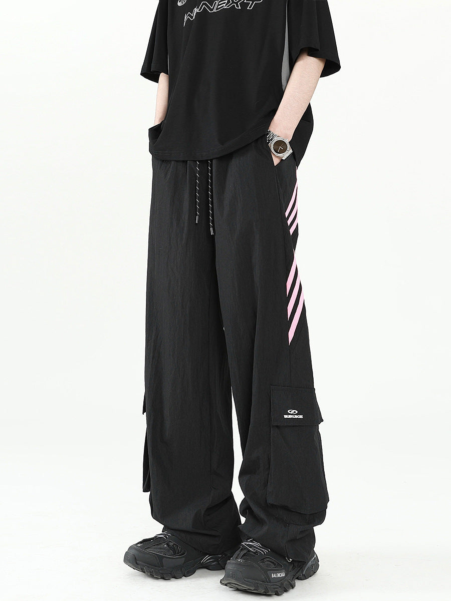American striped quick-drying assault pants men's summer trendy brand stitching large pocket overalls high street straight quick-drying trousers