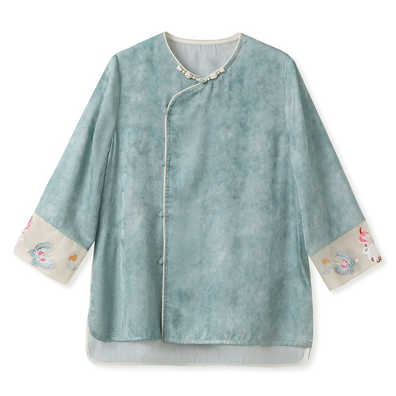 high-end new Chinese jacquard satin top spring and summer light national style embroidered thin silk shirt N4006