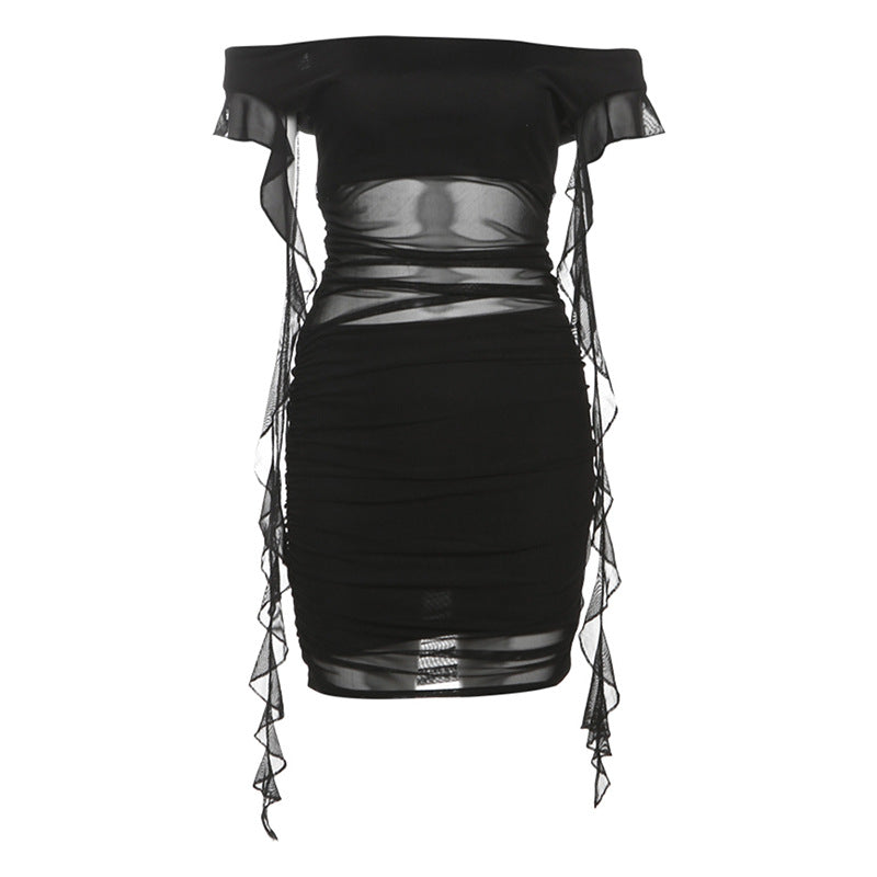 2025 style 2025 spring new women's clothing elegant temperament slim-fitting one-word collar solid color hip-wrapped dress