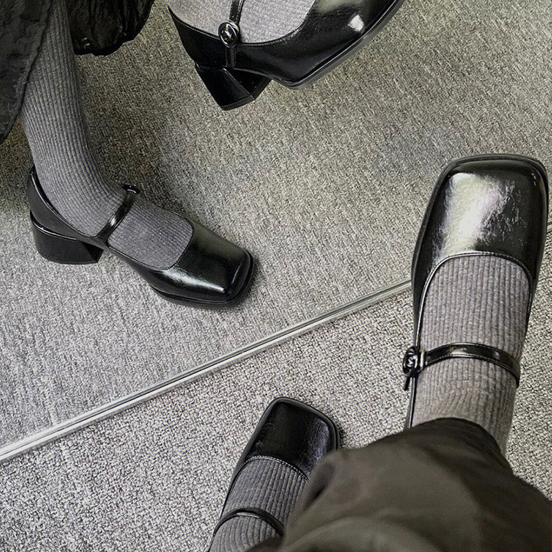 2025 High Heel Mary Jane Shoes Thick Heel Versatile Square Head One-word Buckle Hepburn Style Small Leather Shoes