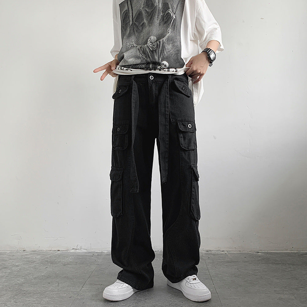 saferido fall outfit men American Hip Hop Straight Overalls Summer Boys High Street Multi-Pocket Wide Leg Mopping Pants Fashion Ins