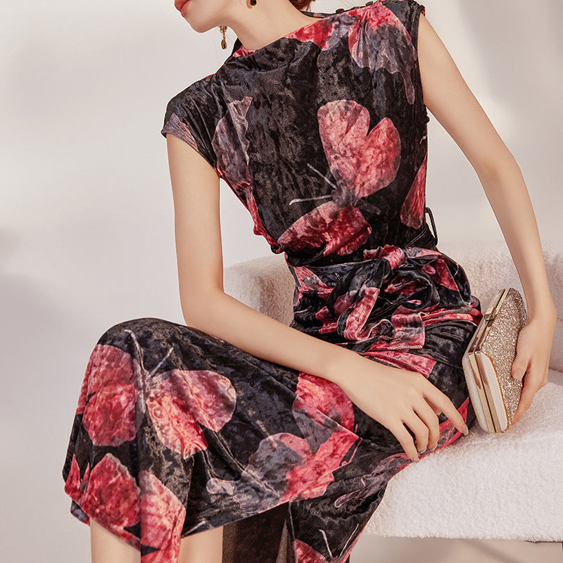 summer national style temperament elegant temperament thin retro slim print butterfly cheongsam dress LZ585