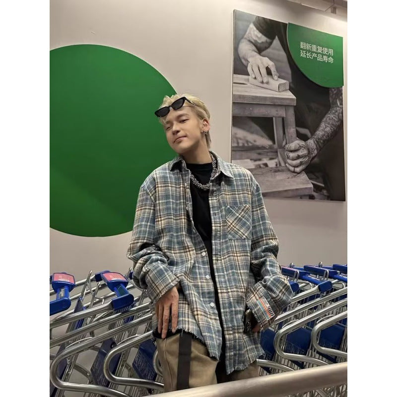 saferido      -shop 90s fashion men American Retro Plaid Shirt Street Casual All-Match Plaid Loose Plaid Long Sleeve Fashion Brand Shirt for Men and Women