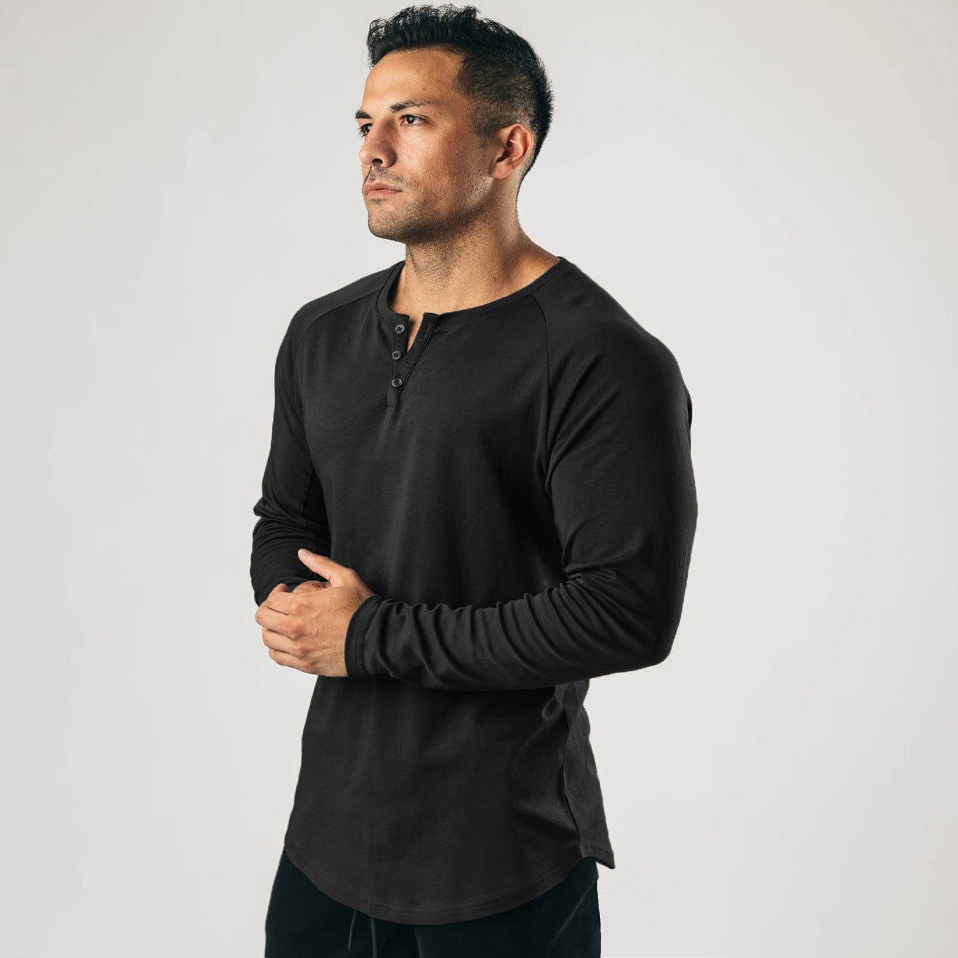 saferido      -shop men’s fashion Retro Henley Shirt Long-Sleeved T-shirt Solid Color Sports Fitness Bottoming Shirt Men's Cotton Stretch Thin V-neck Cardigan