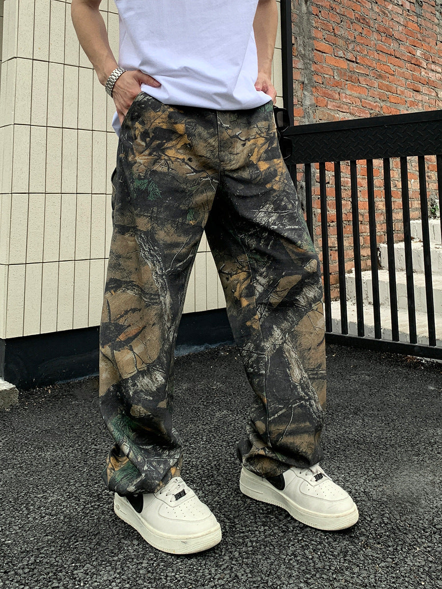 American trendy brand tree branch camouflage retro workwear casual pants men's summer handsome all-match high street loose wide-leg pants