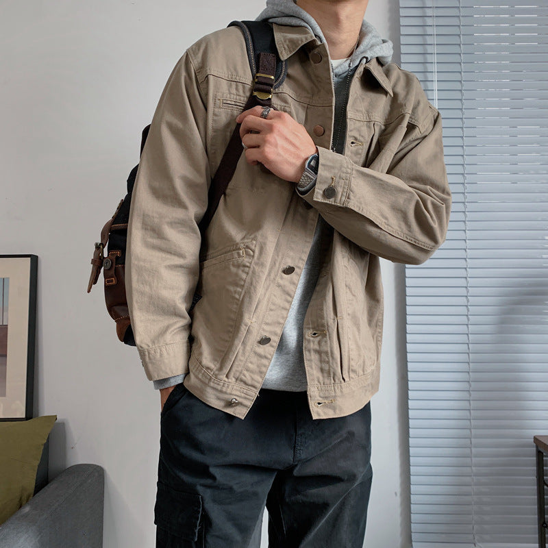 saferido -shop black men fashion urban Spring and Autumn Casual Workwear Jacket Men's Long-Sleeved Retro Solid Color Men's Jacket Loose Men's Trendy Outerwear