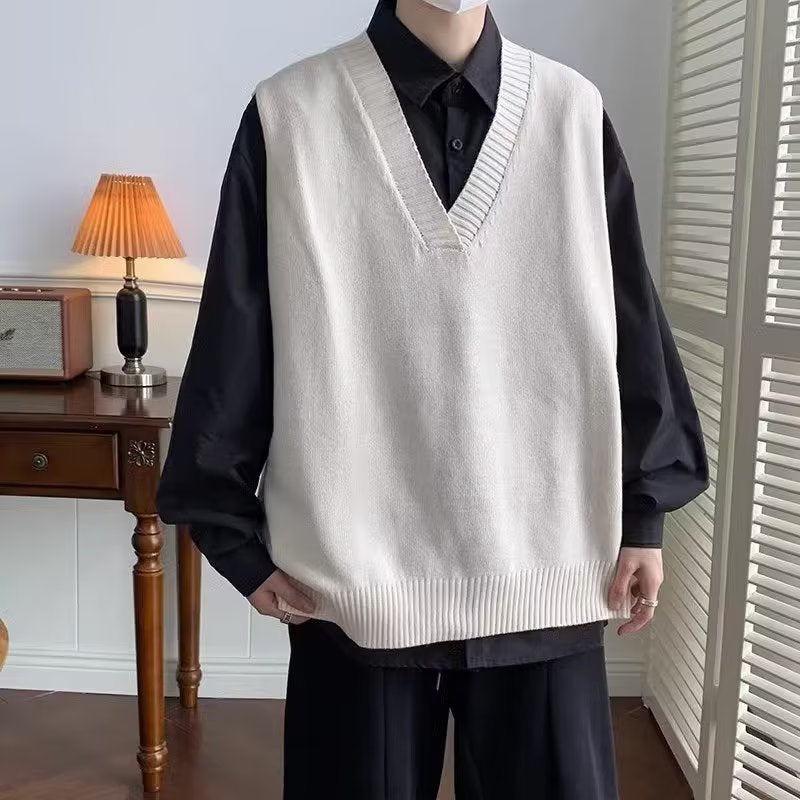 saferido boy outfits V-neck Sweater Men's Japanese Style Lazy Retro Men's Knitted Vest Autumn and Winter Loose Hong Kong Style Waistcoat