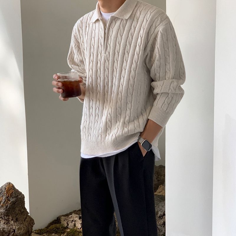 saferido -shop classy outfits men Myq Half Zipper Sweater Autumn Men's Korean-Style Loose Niche Design Lapel Pullover Sweater