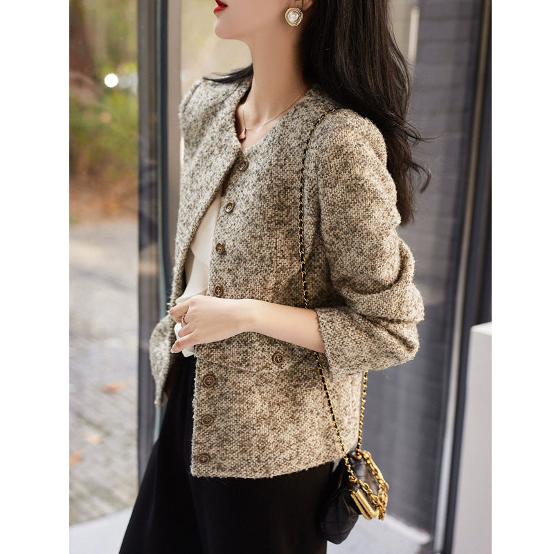 2025 Premium wool tweed small fragrant jacket short spring and autumn new spring clothing high-end women's clothing gold gray