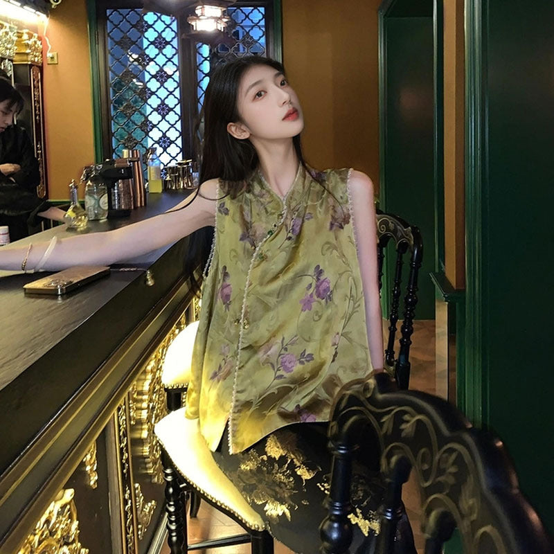 Summer new national style light luxury printed vest retro celebrity loose and thin meat cover premium top M6057