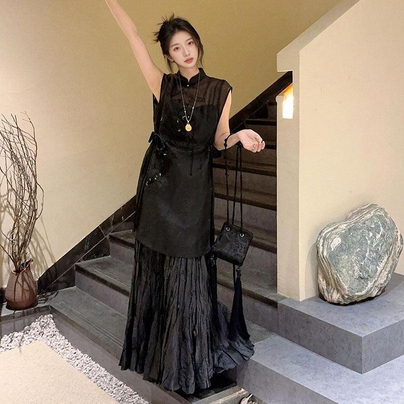 summer new new Chinese style embroidered long top half body yarn long skirt temperament set M4205
