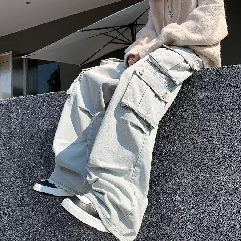 saferido mens fashion Retro American-Style Large Pocket Jeans Men's High Street Vibe Wide-Leg Pants Niche Workwear Ruan Handsome Trousers
