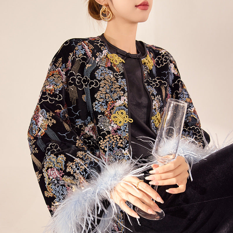 New Chinese style spring new temperament buckle top heavy industry sequined embroidered ostrich wool sleeve jacket MZ081