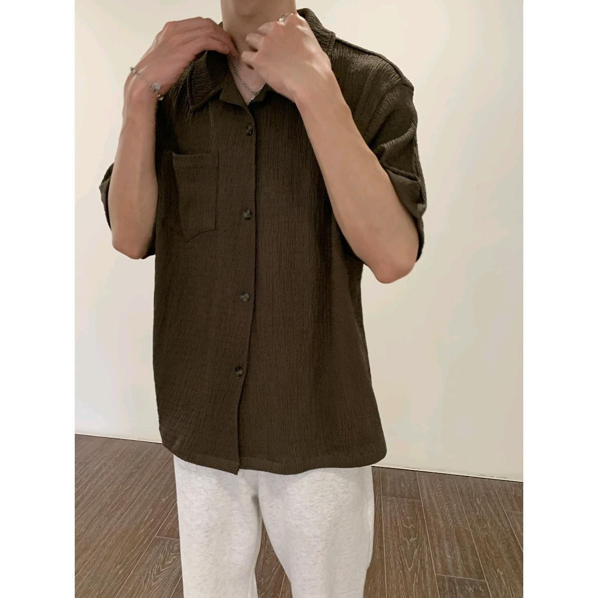 saferido frat boy outfit Korean Style Pleated Texture Short Sleeve Shirt 2024 New Men's High Sense Ins Youth Pointed Collar Popular Korean Style Shirt