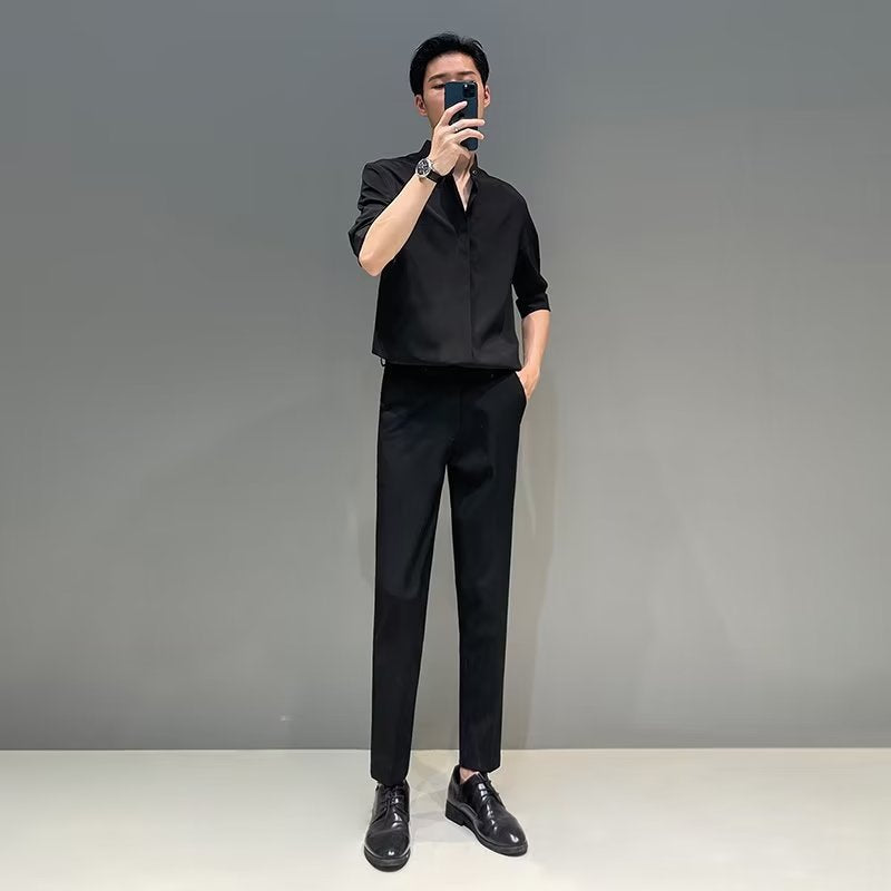 saferido -shop classy outfits men New Chinese Style Stand Collar Short-Sleeved Shirt Men's Summer New Niche Shirt Trendy Ice Silk Drape All-Match Top