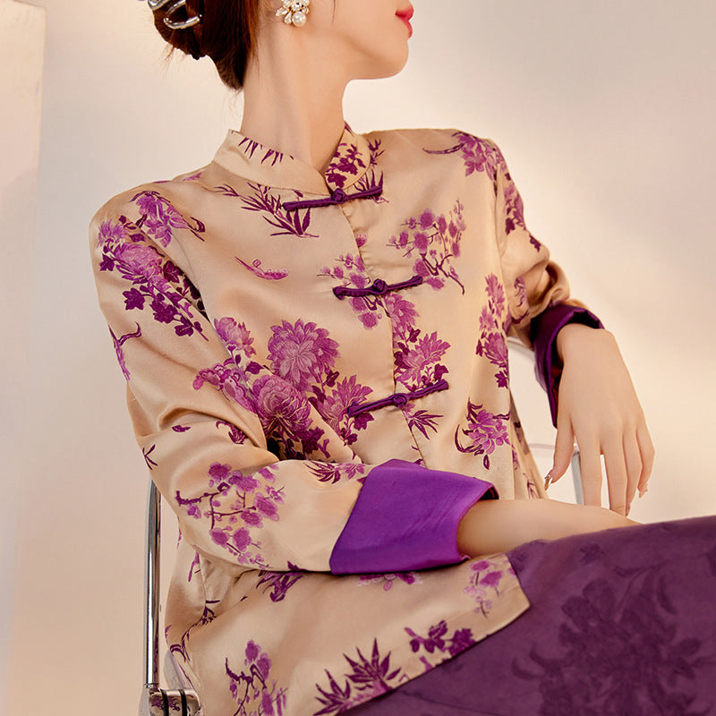 New Chinese-style new top, national style high-end buckle single ultra-purple printing design jacket autumn women M7035