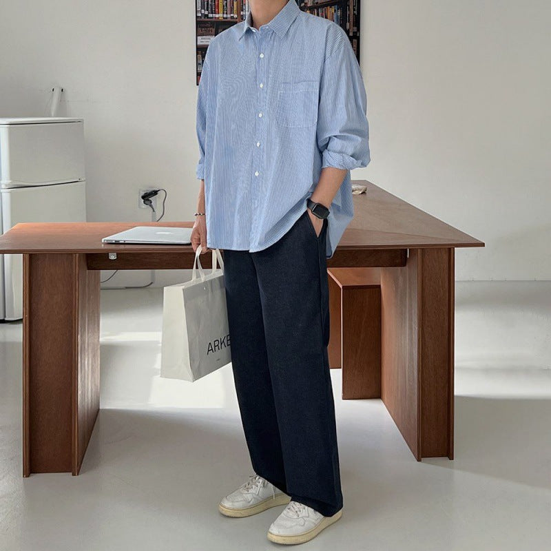 saferido -shop 90s fashion men Myq Blue Striped Shirt Men's Autumn New Korean Style Loose Long Sleeve Shirt High-Grade Shirt