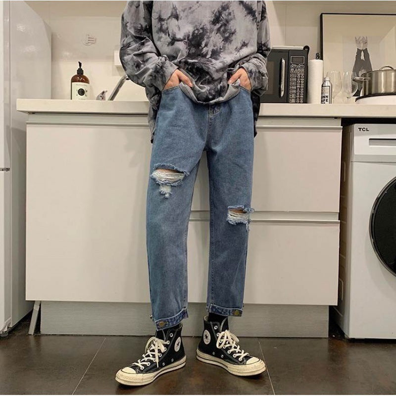 saferido 90s fashion men 2024 Black Ripped Jeans Men's Summer Thin Korean Style Trendy Cropped Pants Hong Kong Style Ruffle Handsome Retro Pants