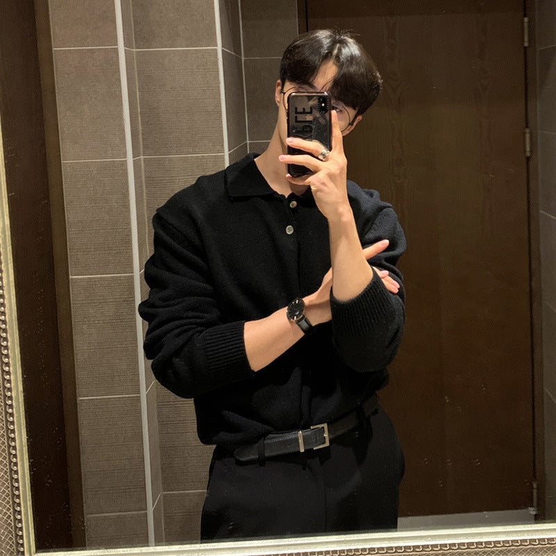 saferido -shop mens fall fashion Lapel Polo Shirt Sweater Men's Loose Korean Style Trendy Handsome All-Match Solid Color Bottoming Sweater Top Coat