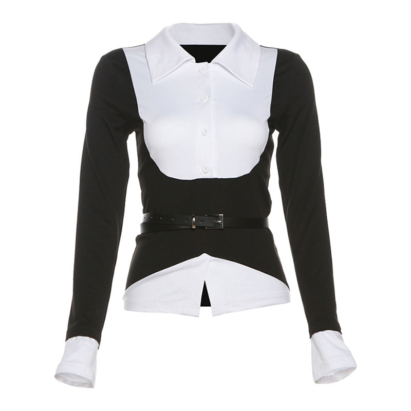 2025 style popular autumn new women's clothing fashion splicing white-collar black body design unique belt top