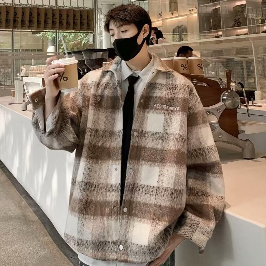 saferido mens outfits 2024 Autumn and Winter New American Retro Contrast Color Plaid Cardigan Coat Men's Lazy Casual Loose Woolen Top