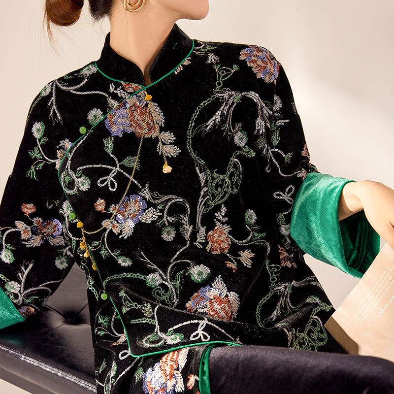New Chinese new high-end embroidered design top spring black buckle light luxury coat women's N2001