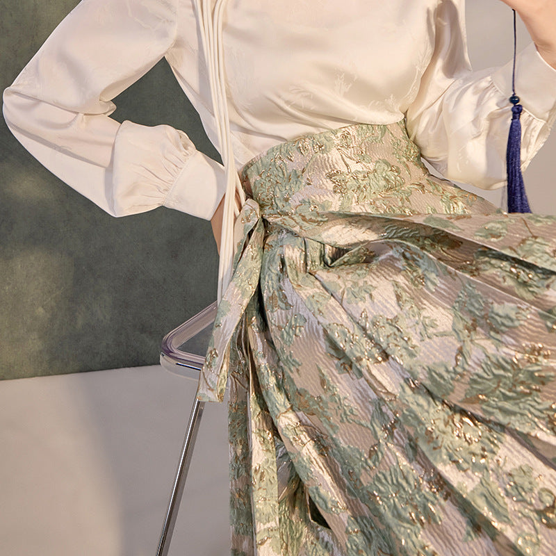 New Chinese style satin design top jacquard horse skirt high-end temperament shirt set LZ555