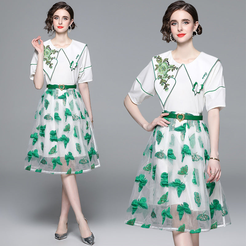 Hot style age-reducing suit skirt women's summer new design short-sleeved top embroidered butterfly mesh skirt two-piece set