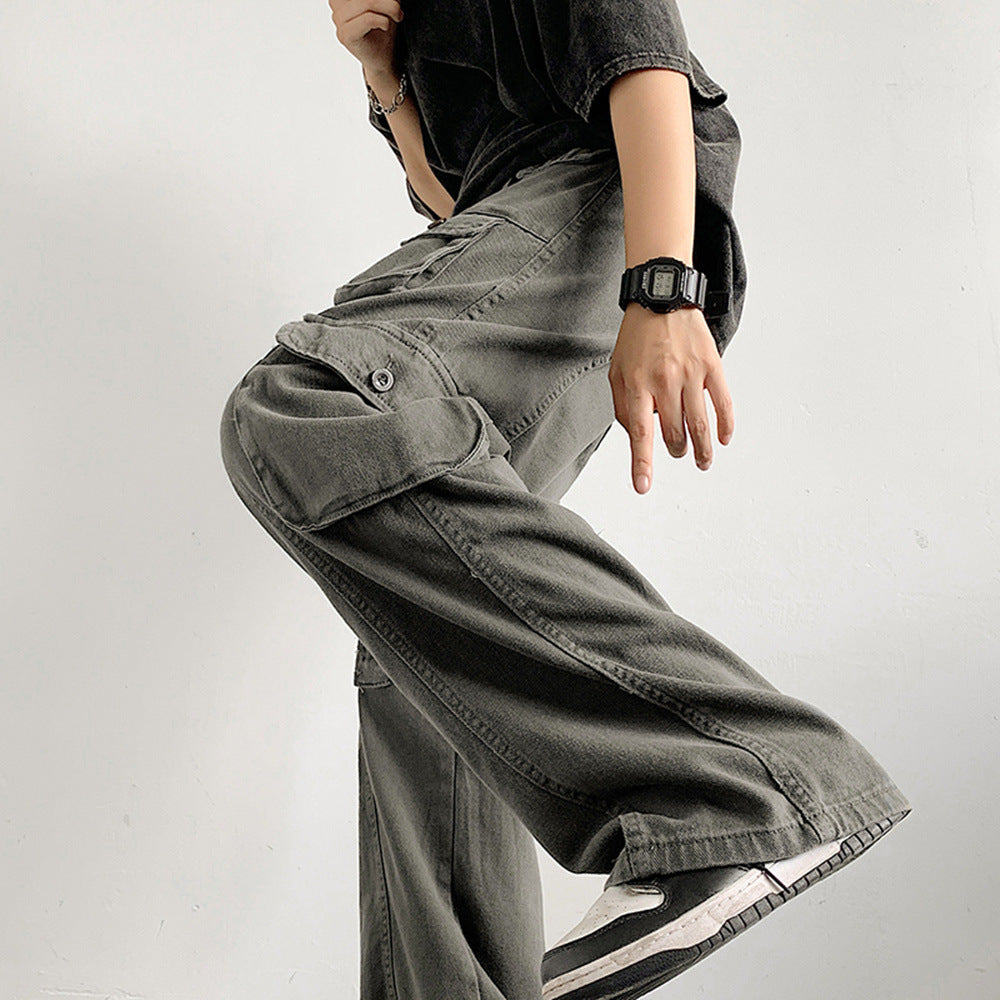 saferido fall outfit men American Hip Hop Straight Overalls Summer Boys High Street Multi-Pocket Wide Leg Mopping Pants Fashion Ins