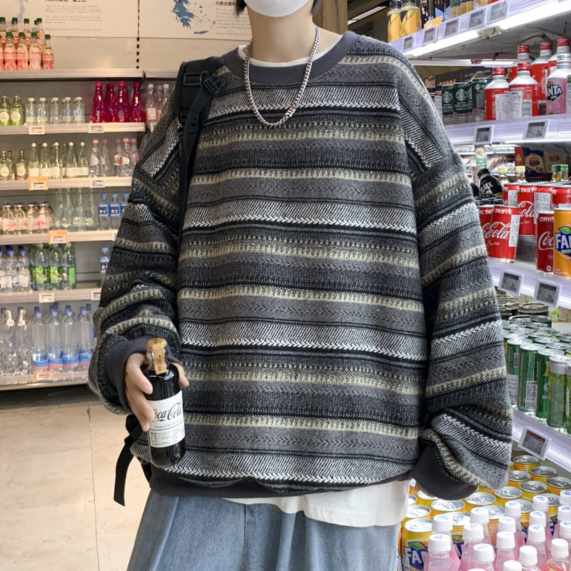 saferido -shop boy outfits Hong Kong Style Retro Striped Sweater Men's Autumn and Winter New Ins Trendy Korean Style Loose Couple Pullover Color Matching Sports Jacket