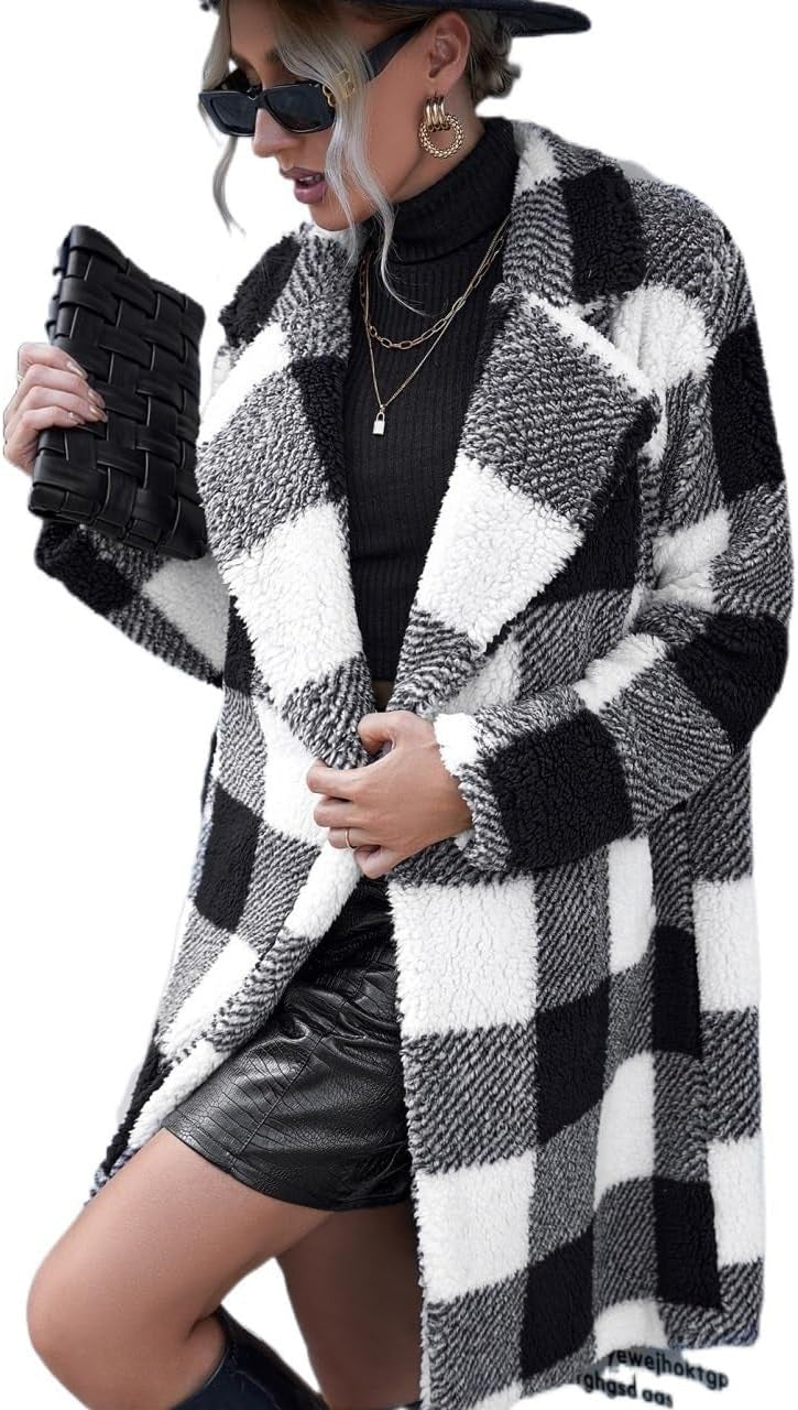 new New autumn women's clothing lapel long-sleeved buckle-free plaid long loose casual coat coat